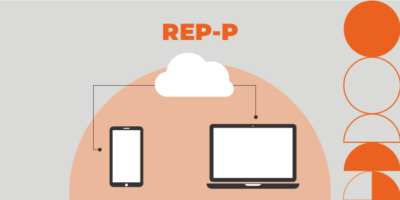elementos gráficos mostrando trilha que interliga celular, nuvem e um computador com rep-p escrito no topo