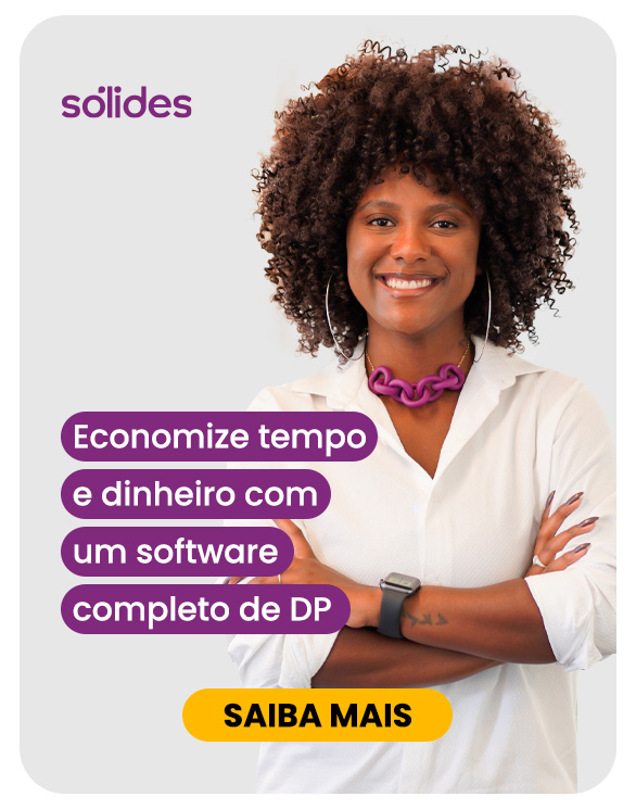 Imagem com o texto “Economize tempo e dinheiro com um software completo de DP. Conheça o Tangerino!”, logo da Sólides Tangerino no topo esquerdo e, ao fundo, uma mulher de roupa social sorrindo.